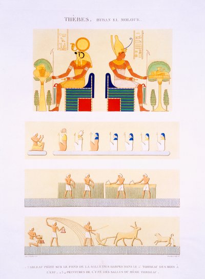 Ilustracje malowanych tablic i fresków z Harf z 5 Grobowca Królów Wschodu, tablica 90 z tomu II `Opisów Egiptu`, rytowane przez Monsaldy i Cally, 1822 (akwatinta) autorstwa Jollois and Devilliers